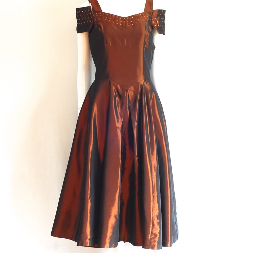 1940's Copper Coloured Taffeta Dress With Drop Shoulders & Star Sequins - Canada